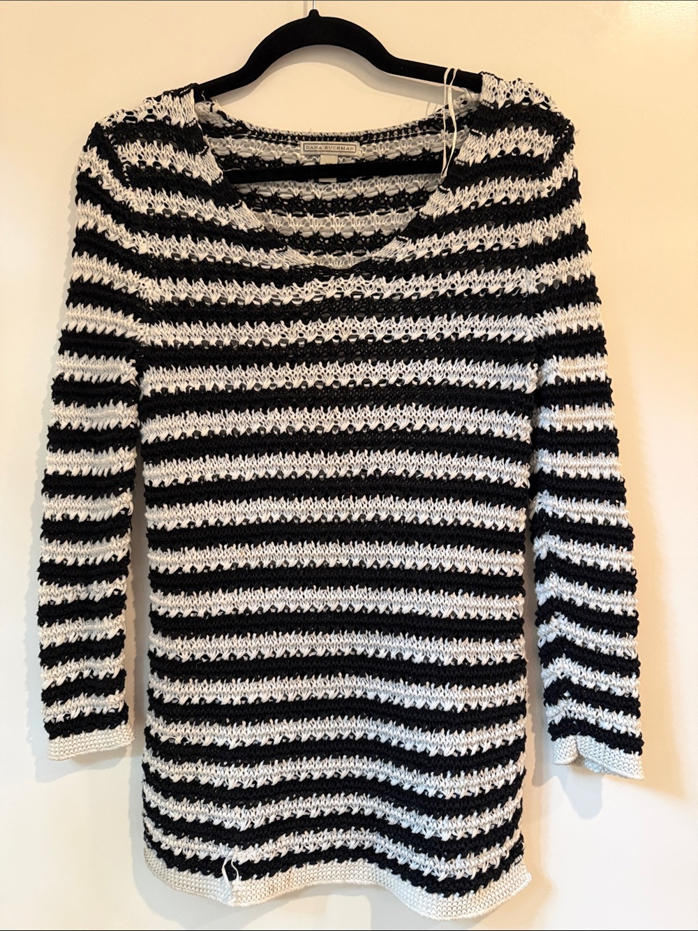 Dana Buchman Black & White Striped Open-Knit Scoop Neck Sweater